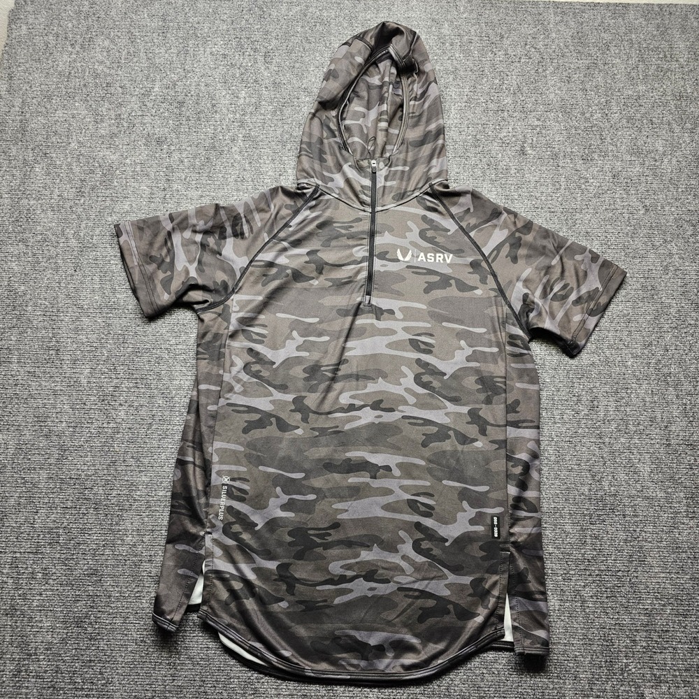 ASRV Aesthetic Revolution Mens Medium Gray Camo Quarter Zip Short Sleeve Hoodie